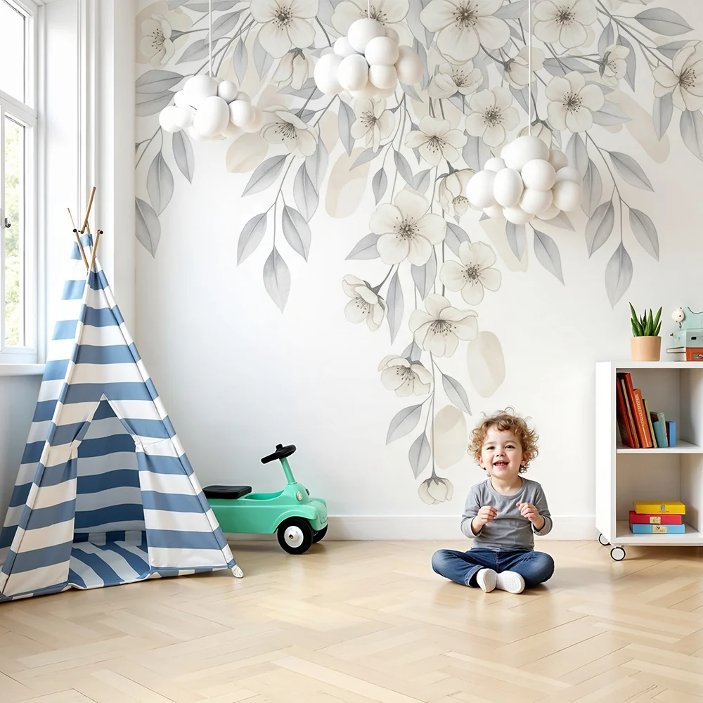 Nursery room wallpaper | Virágok és központi lehulló levelek
