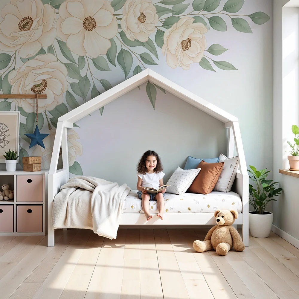 Nursery room wallpaper | Virágok és lehulló levelek fokozatos hátterén