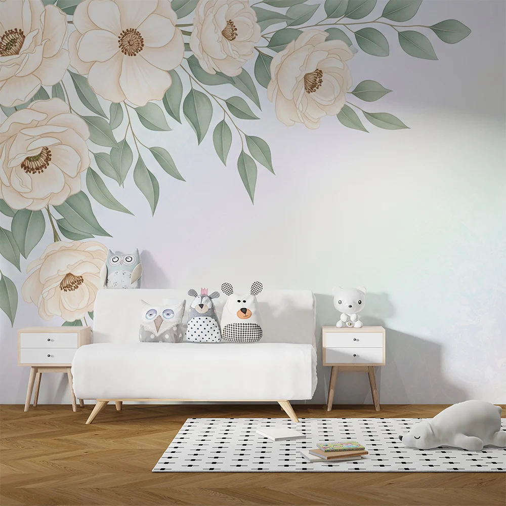 Nursery room wallpaper | Virágok és lehulló levelek fokozatos hátterén