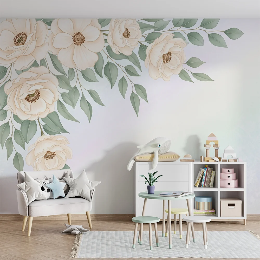 Nursery room wallpaper | Virágok és lehulló levelek fokozatos hátterén