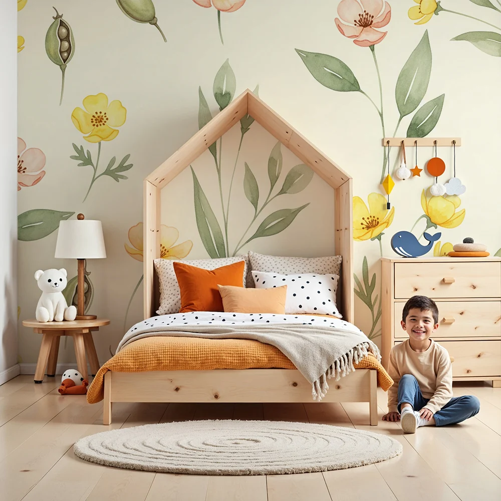 Nursery room wallpaper | Virágok és levelek krémszínű háttéren