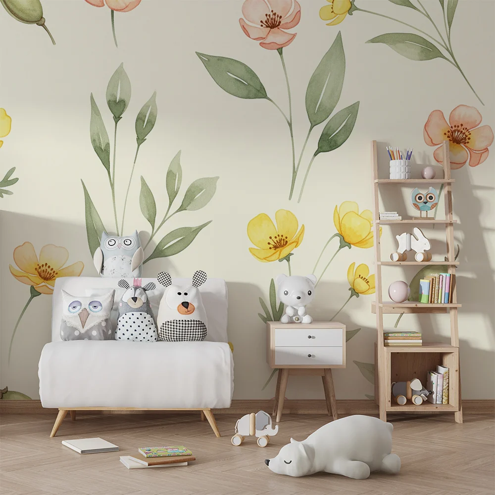 Nursery room wallpaper | Virágok és levelek krémszínű háttéren