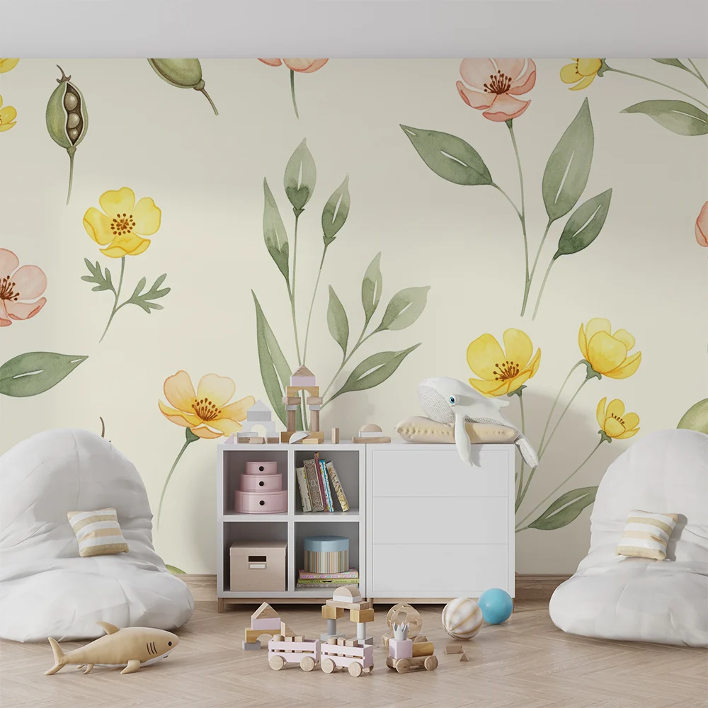Nursery room wallpaper | Virágok és levelek krémszínű háttéren