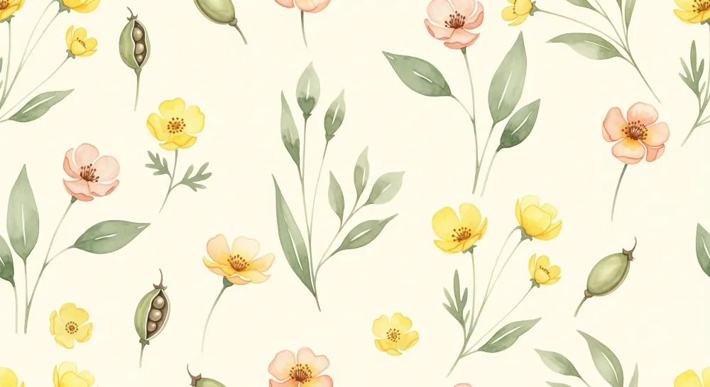 Nursery room wallpaper | Virágok és levelek krémszínű háttéren