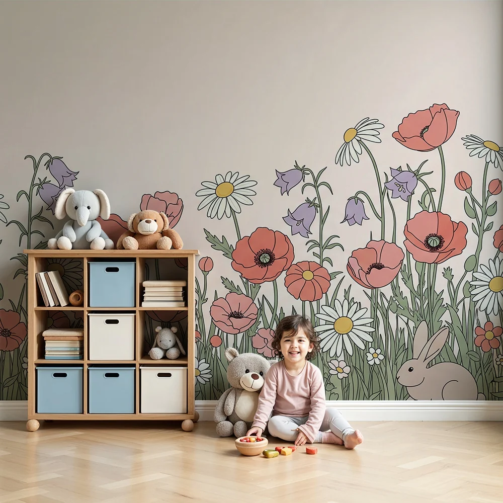 Nursery room wallpaper | Virágok és nyulak egy elbűvölő kertben