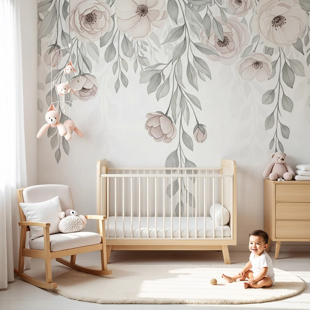 Nursery room wallpaper | Virágok és pasztell színekben lehulló levelek