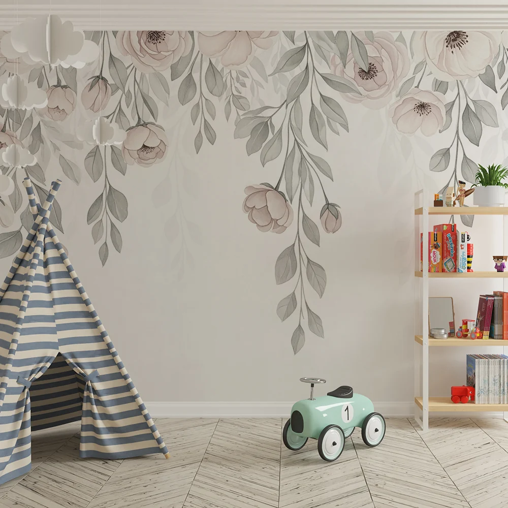 Nursery room wallpaper | Virágok és pasztell színekben lehulló levelek