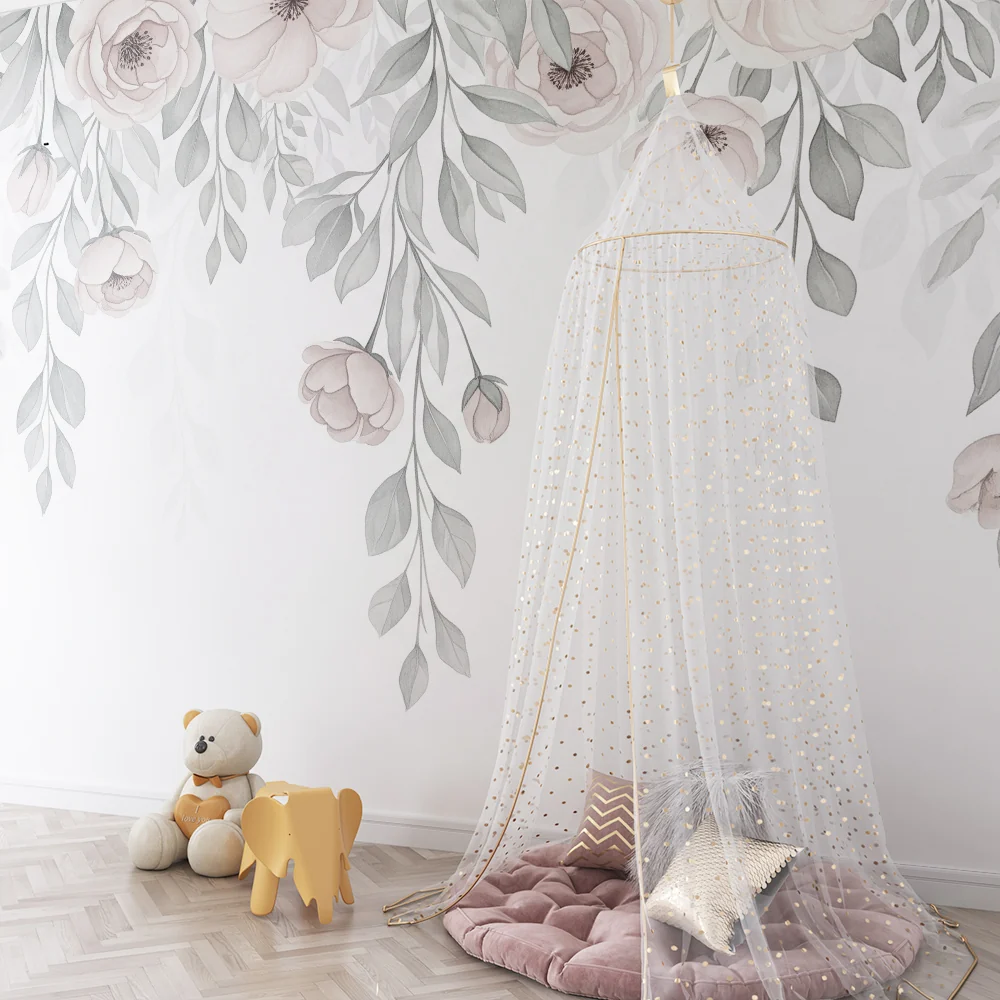 Nursery room wallpaper | Virágok és pasztell színekben lehulló levelek
