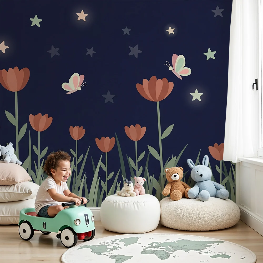 Nursery room wallpaper | Virágok és pillangók csillagok alatt