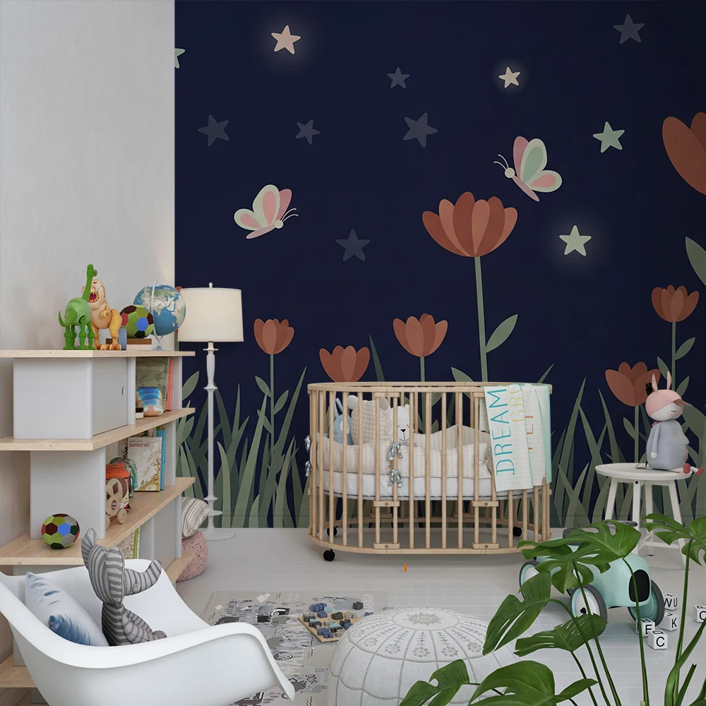 Nursery room wallpaper | Virágok és pillangók csillagok alatt