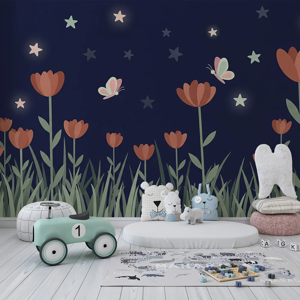 Nursery room wallpaper | Virágok és pillangók csillagok alatt