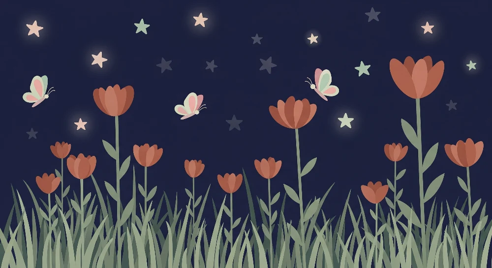Nursery room wallpaper | Virágok és pillangók csillagok alatt