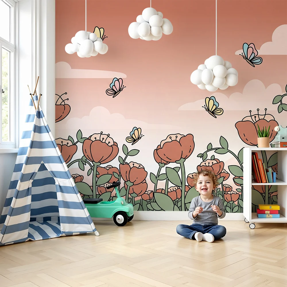 Nursery room wallpaper | Virágok és pillangók pasztell égboltban