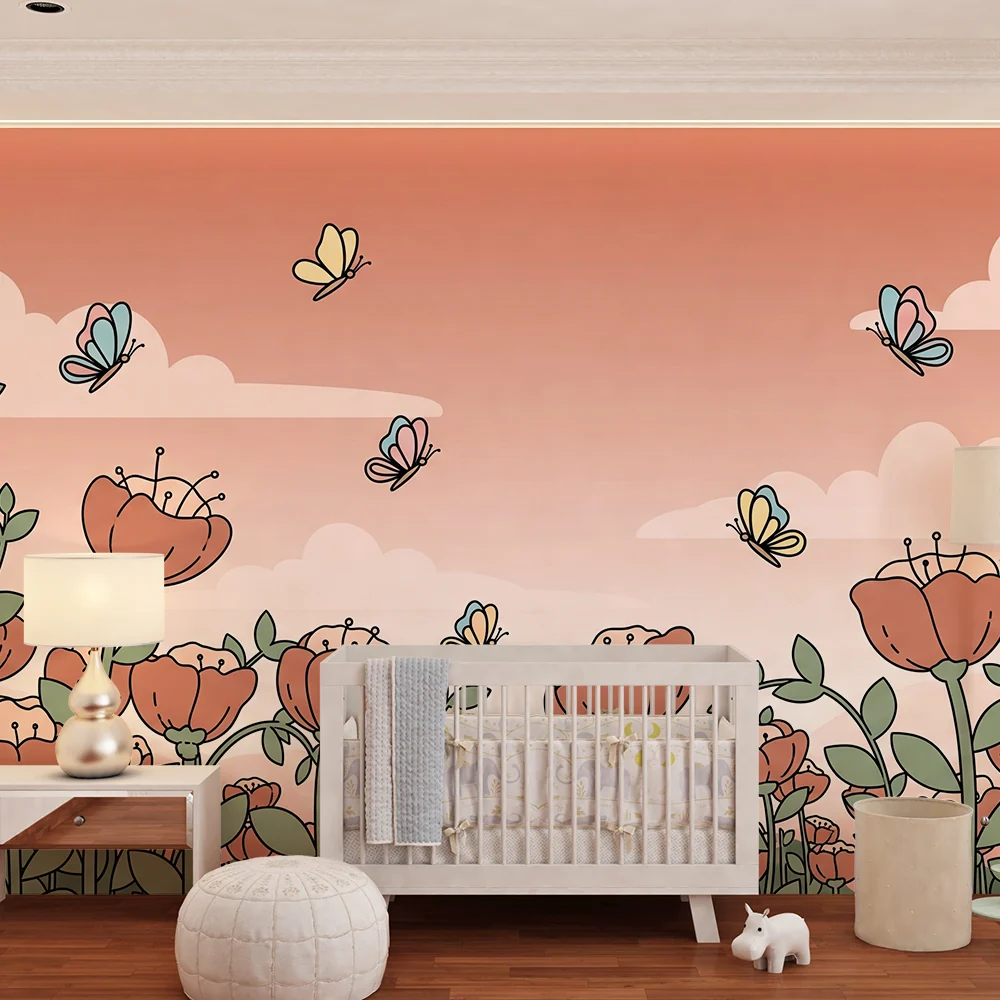 Nursery room wallpaper | Virágok és pillangók pasztell égboltban