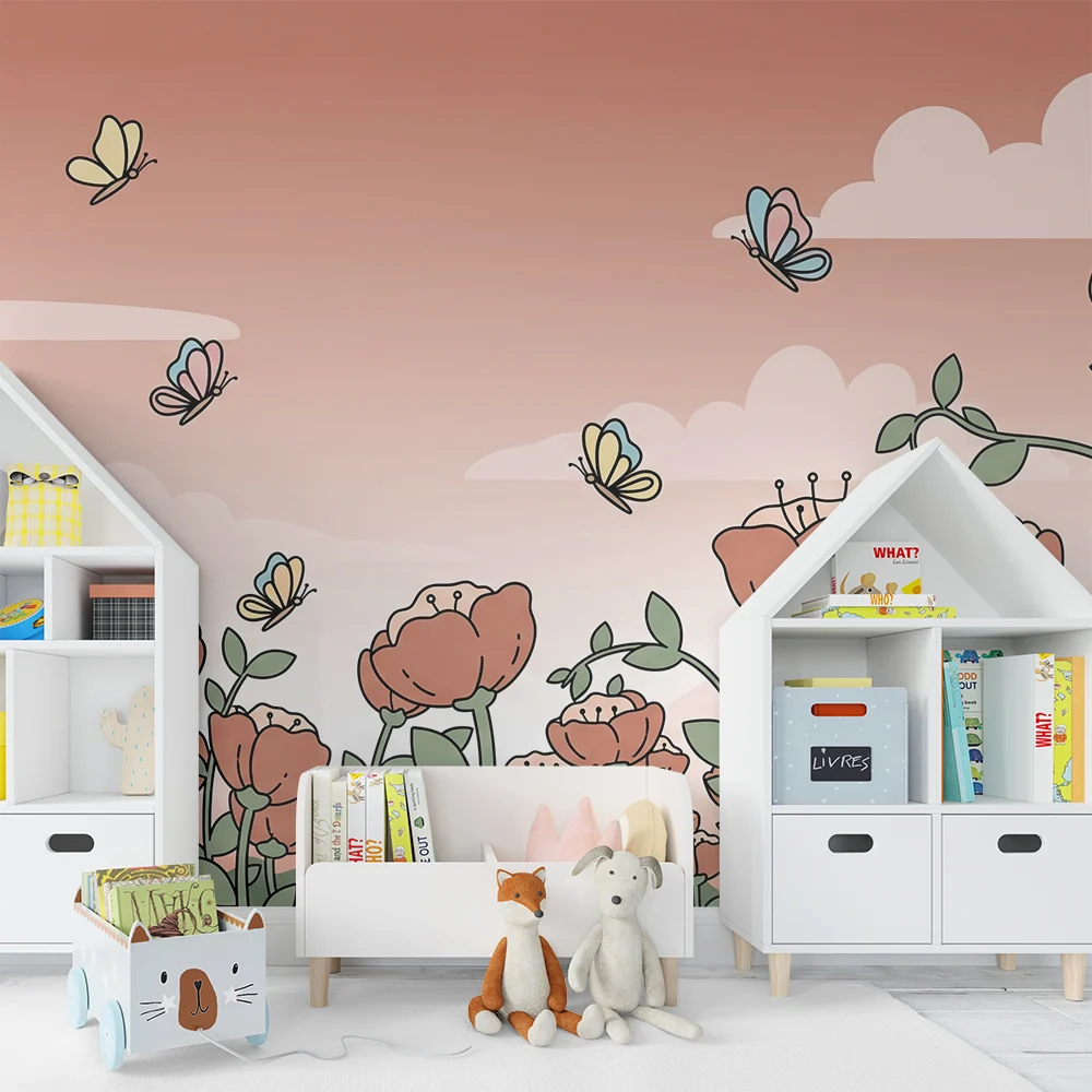 Nursery room wallpaper | Virágok és pillangók pasztell égboltban