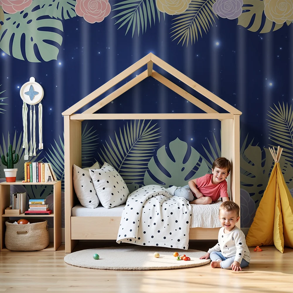 Nursery room wallpaper | Virágok és trópusi levelek csillagos háttéren