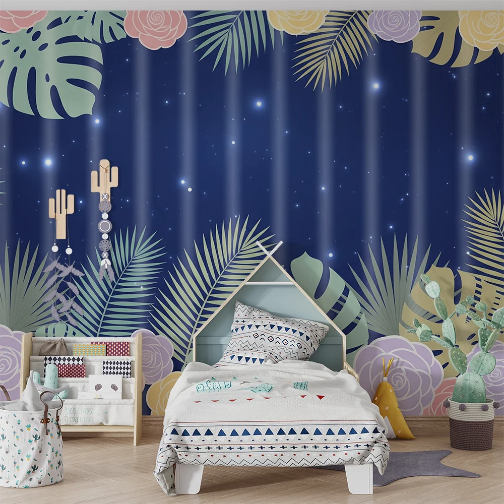 Nursery room wallpaper | Virágok és trópusi levelek csillagos háttéren