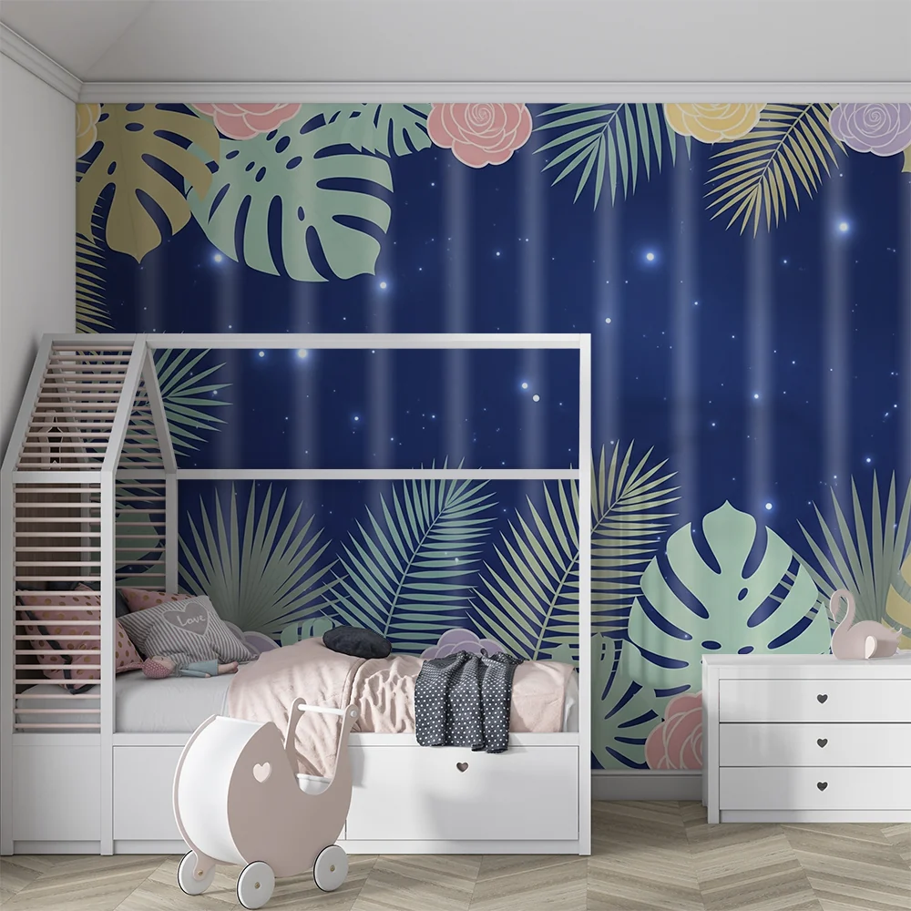 Nursery room wallpaper | Virágok és trópusi levelek csillagos háttéren