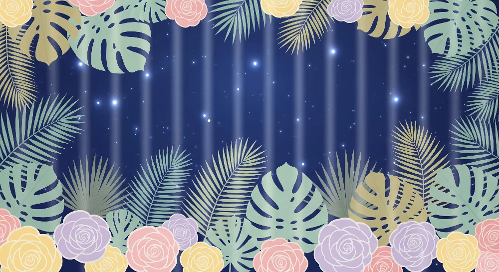 Nursery room wallpaper | Virágok és trópusi levelek csillagos háttéren