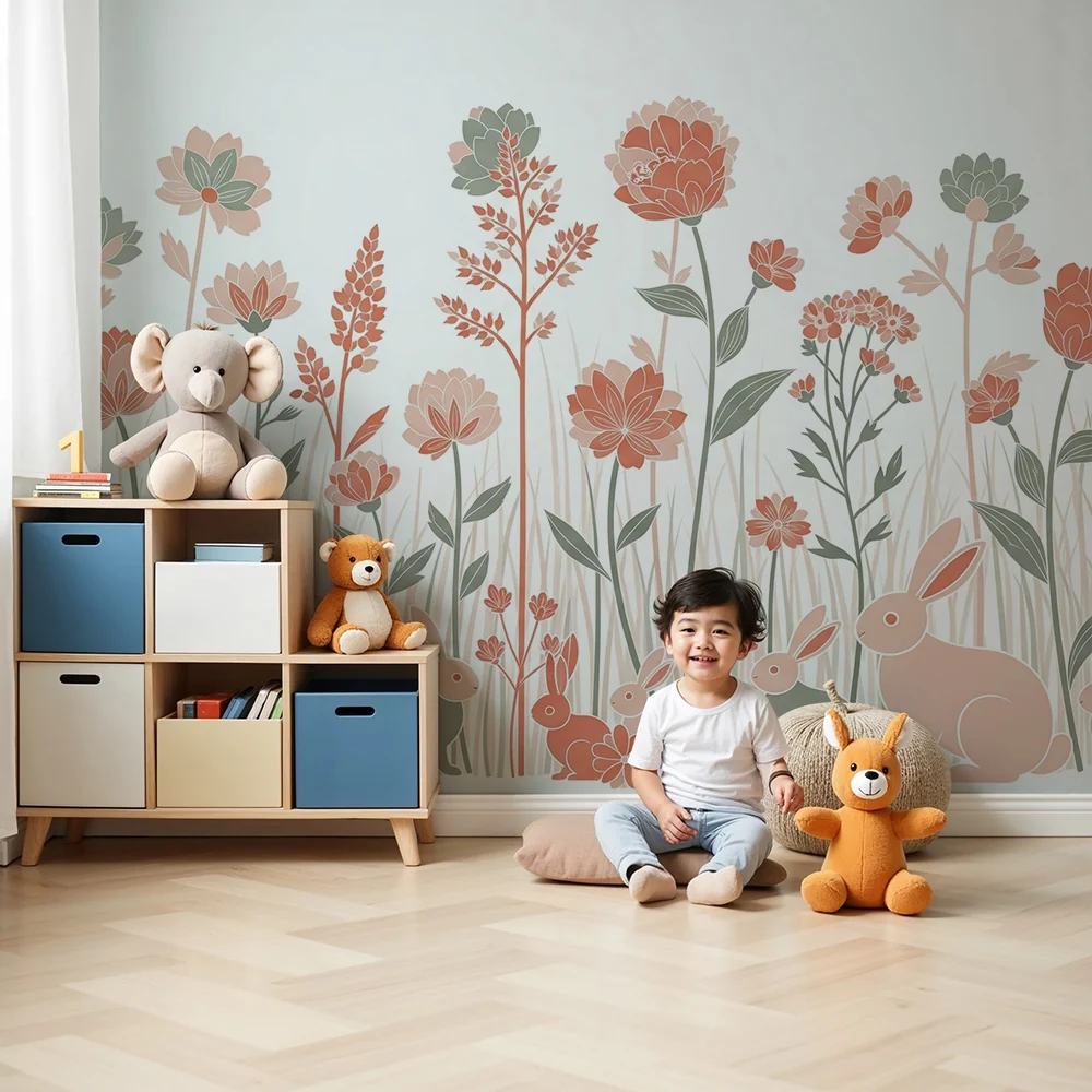 Nursery room wallpaper | Virágos kert nyuszikkal