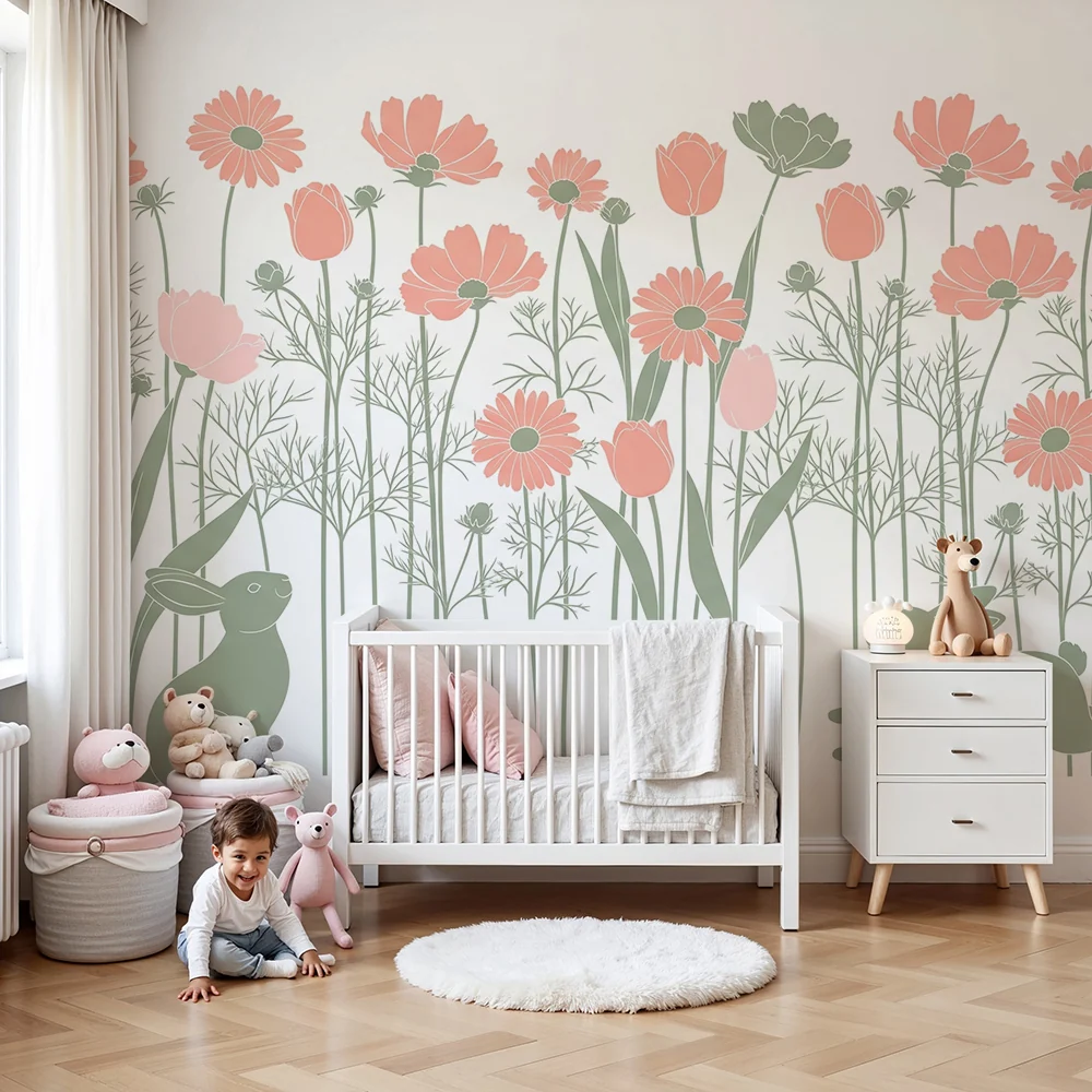 Nursery room wallpaper | Virágos virágtartó és aranyos nyulak