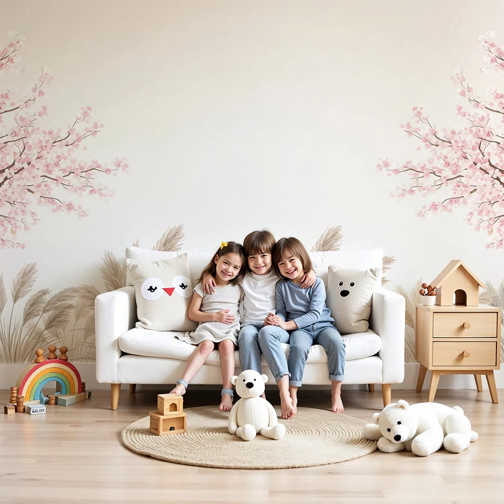Nursery room wallpaper | Virágzó cseresznyefák és lágy fűszálak nyugtató hangulathoz