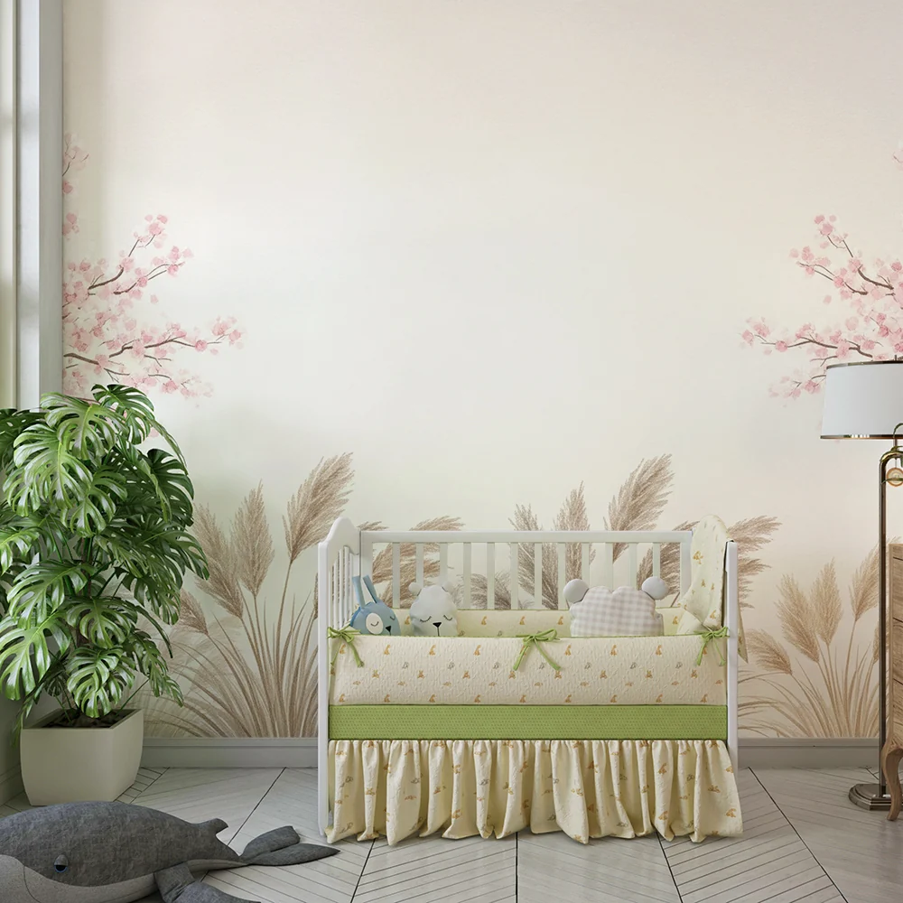 Nursery room wallpaper | Virágzó cseresznyefák és lágy fűszálak nyugtató hangulathoz