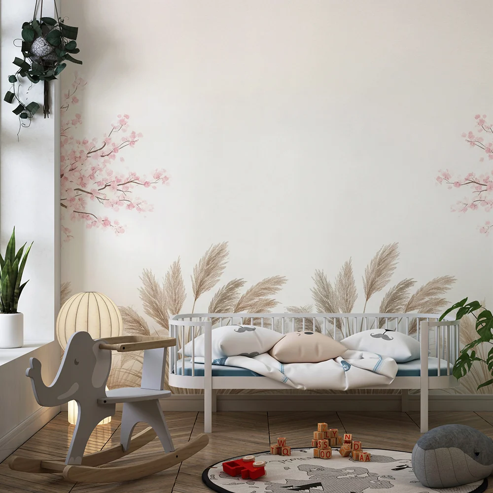 Nursery room wallpaper | Virágzó cseresznyefák és lágy fűszálak nyugtató hangulathoz