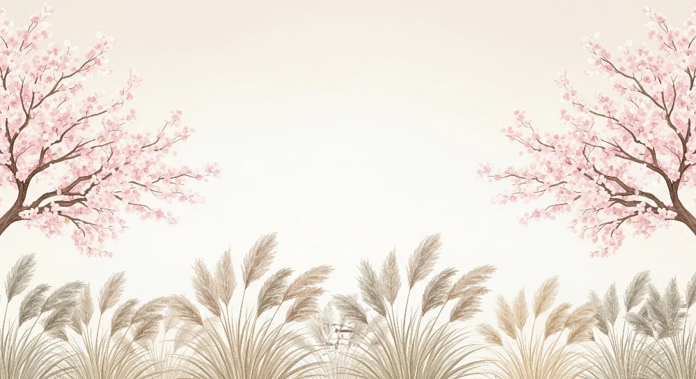 Nursery room wallpaper | Virágzó cseresznyefák és lágy fűszálak nyugtató hangulathoz