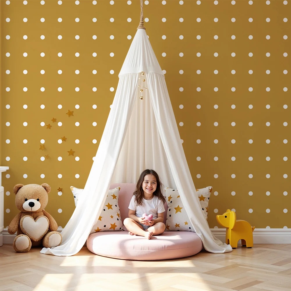 Nursery room wallpaper | White dots on golden background soft atmosphere