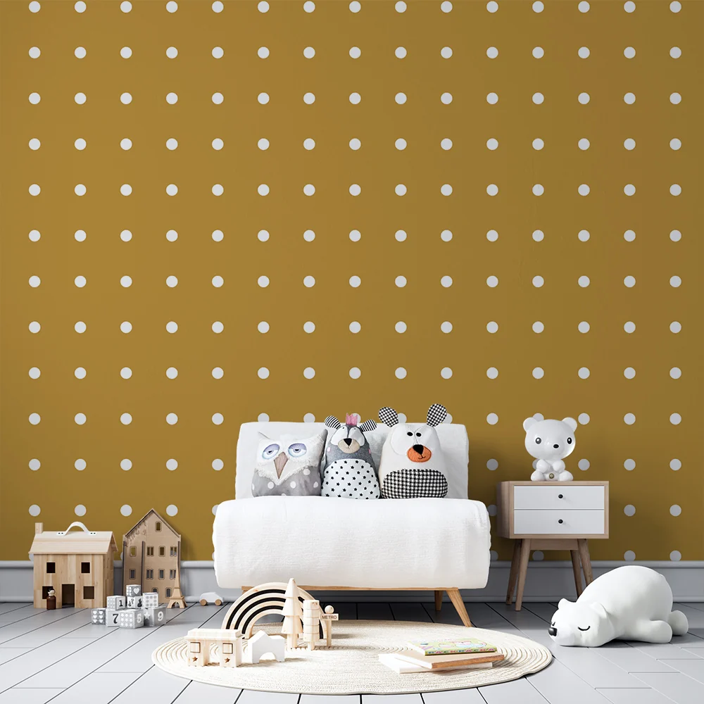 Nursery room wallpaper | White dots on golden background soft atmosphere