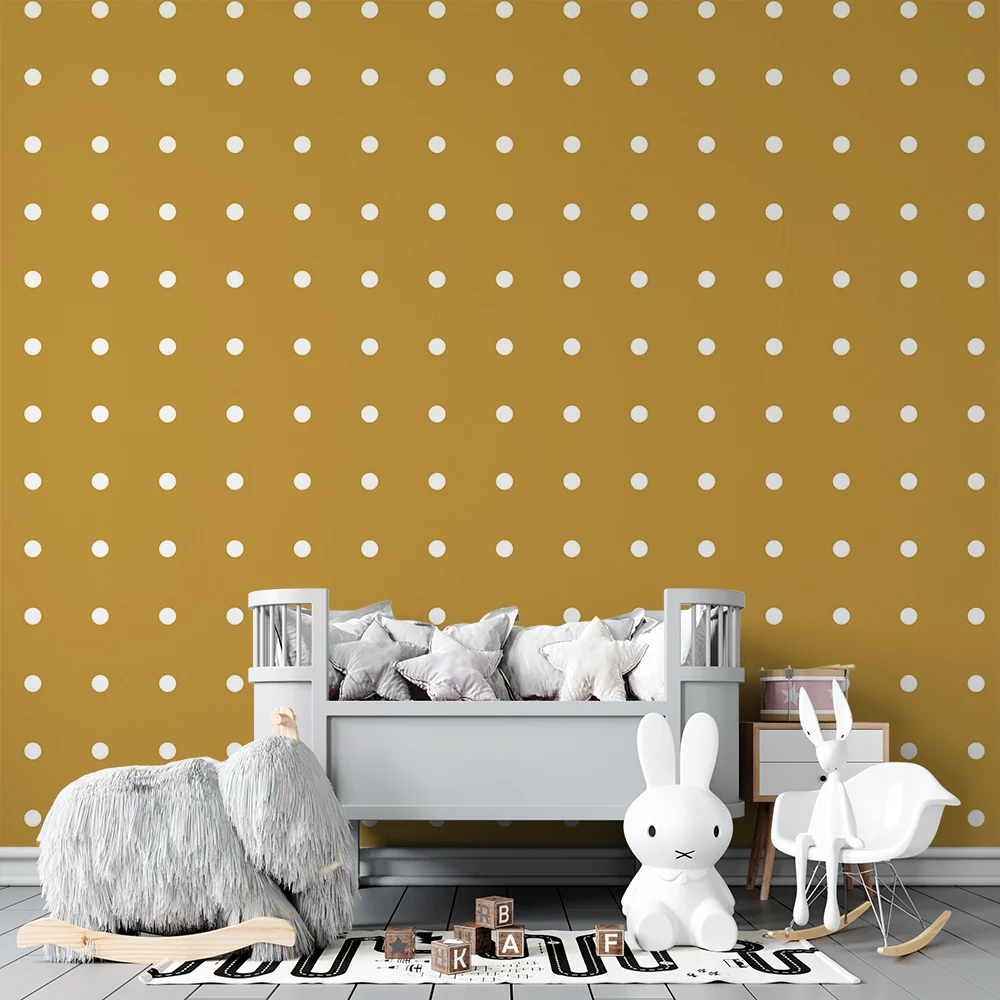Nursery room wallpaper | White dots on golden background soft atmosphere