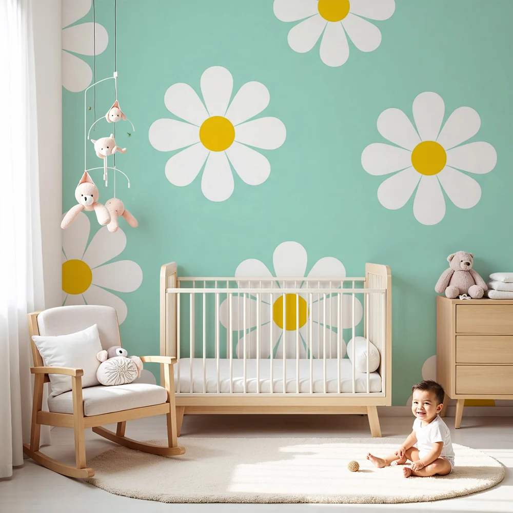 Nursery room wallpaper | White flowers on mint background