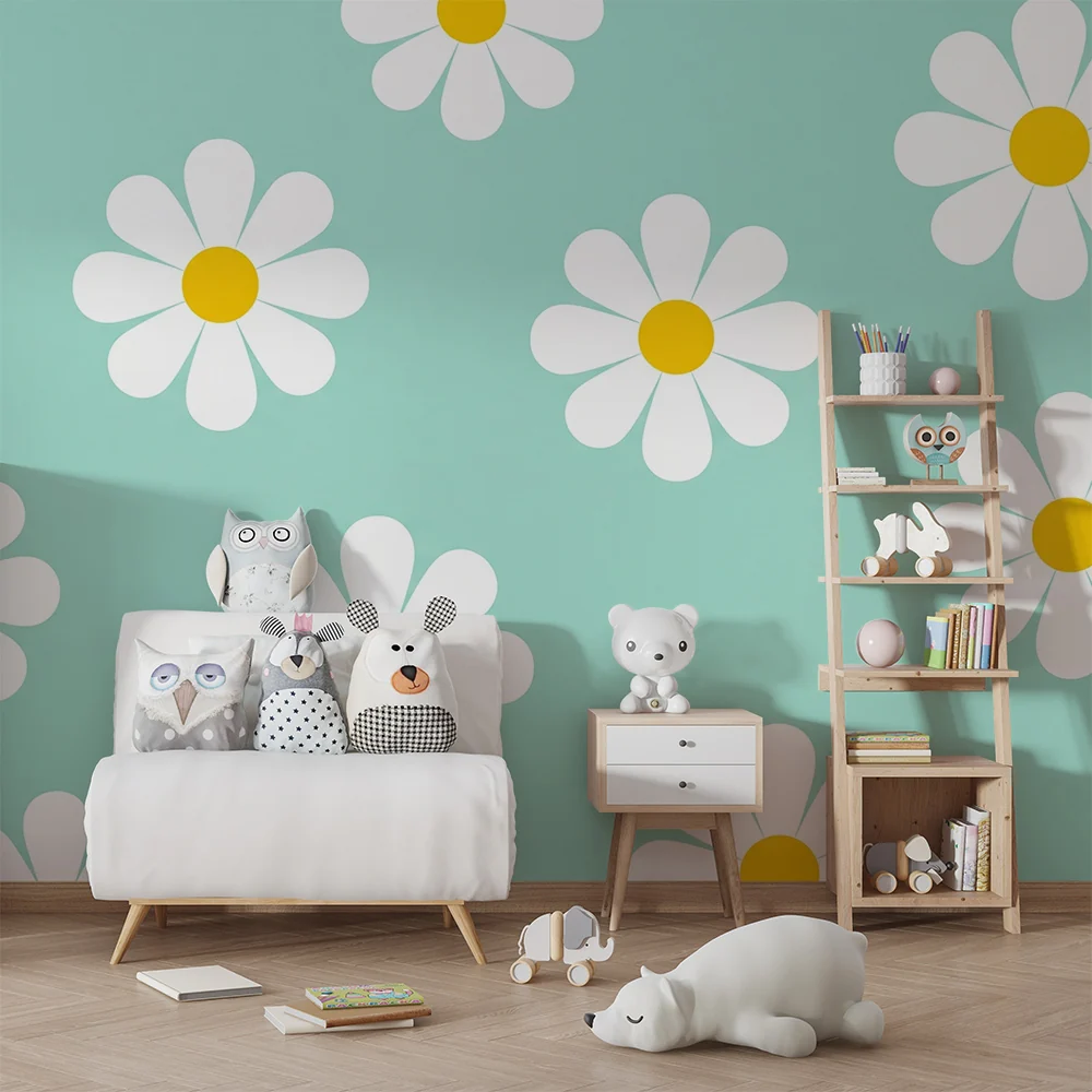 Nursery room wallpaper | White flowers on mint background