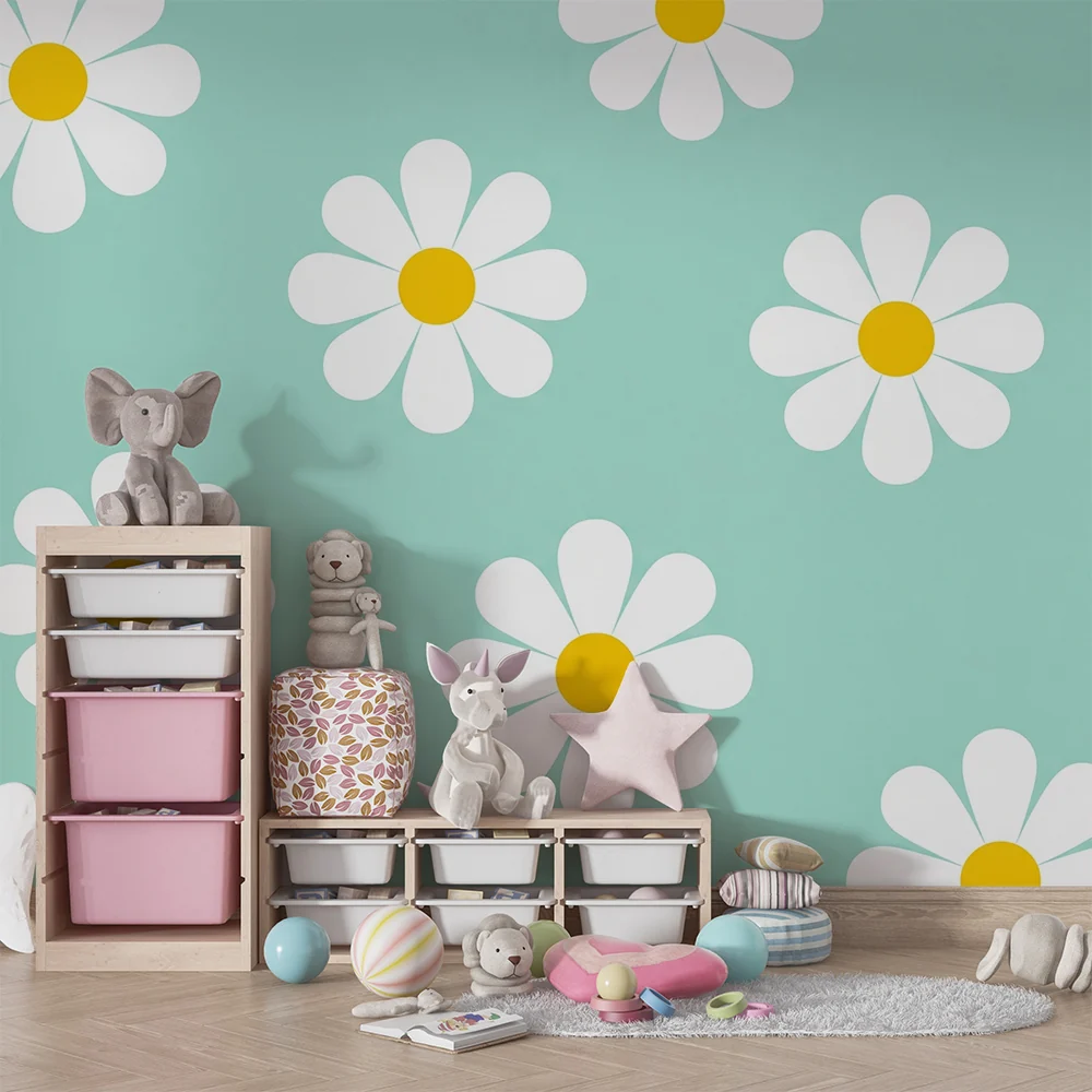 Nursery room wallpaper | White flowers on mint background