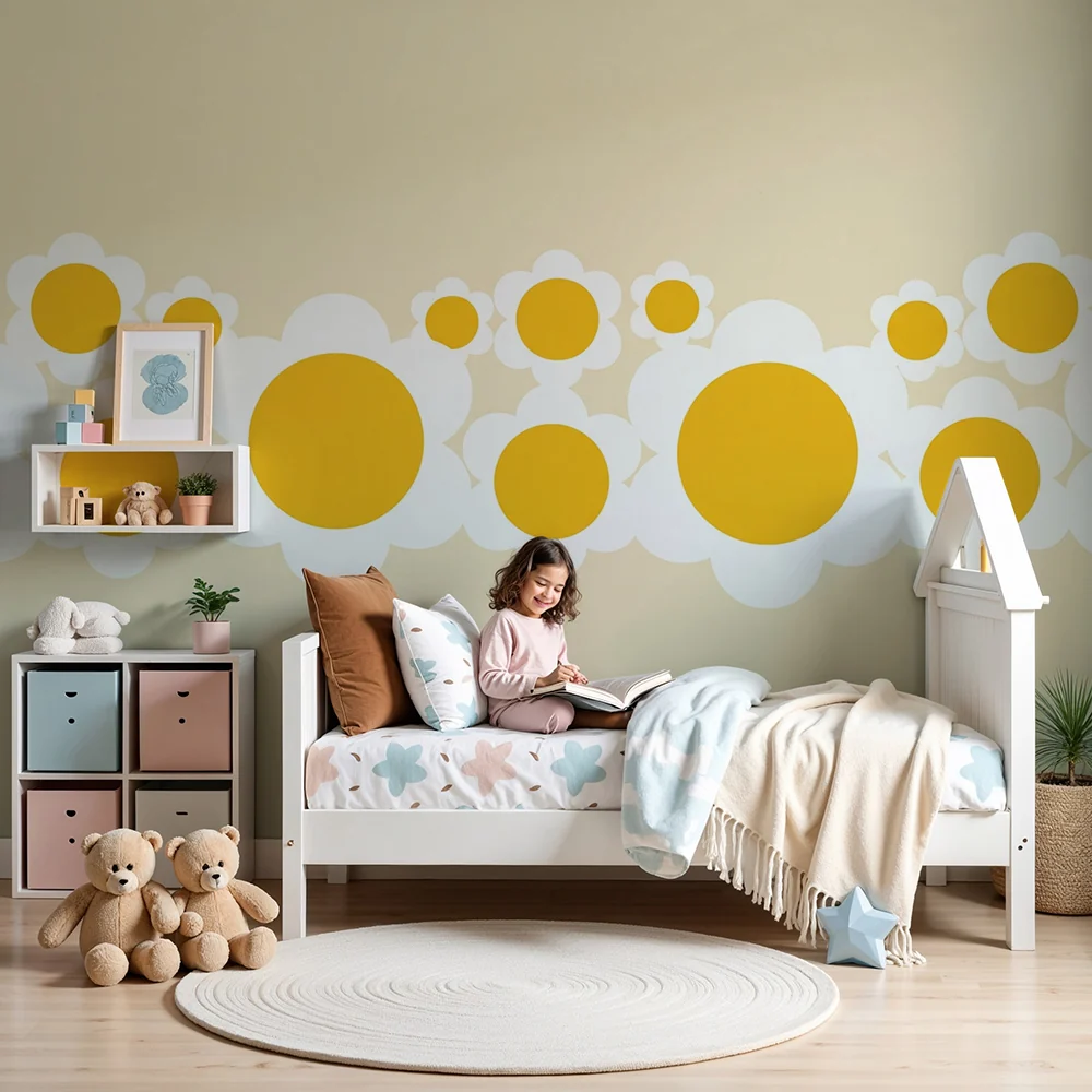 Nursery room wallpaper | Yellow flowers and soft clouds