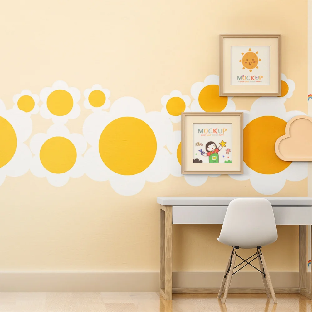 Nursery room wallpaper | Yellow flowers and soft clouds