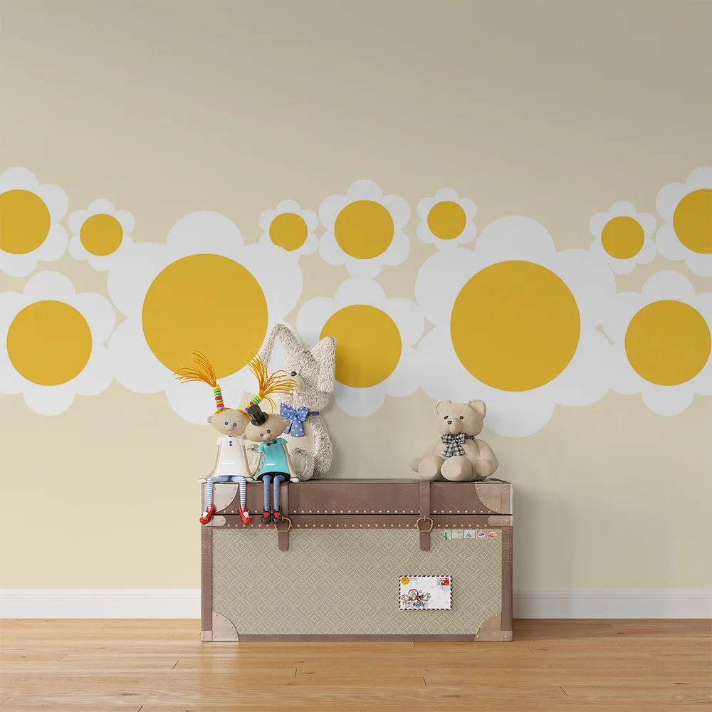 Nursery room wallpaper | Yellow flowers and soft clouds