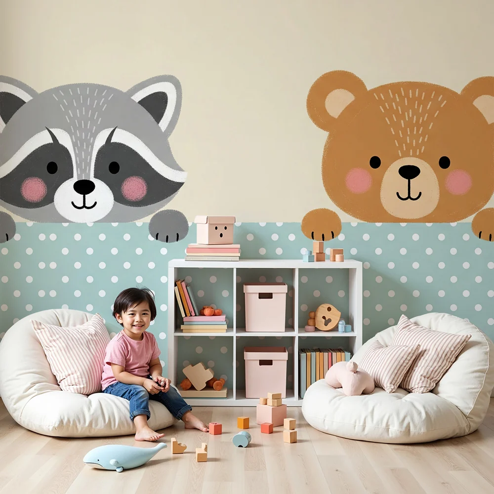 Papel de parede quarto bebê | Aranyos állatok: mosómedve és plüss medve
