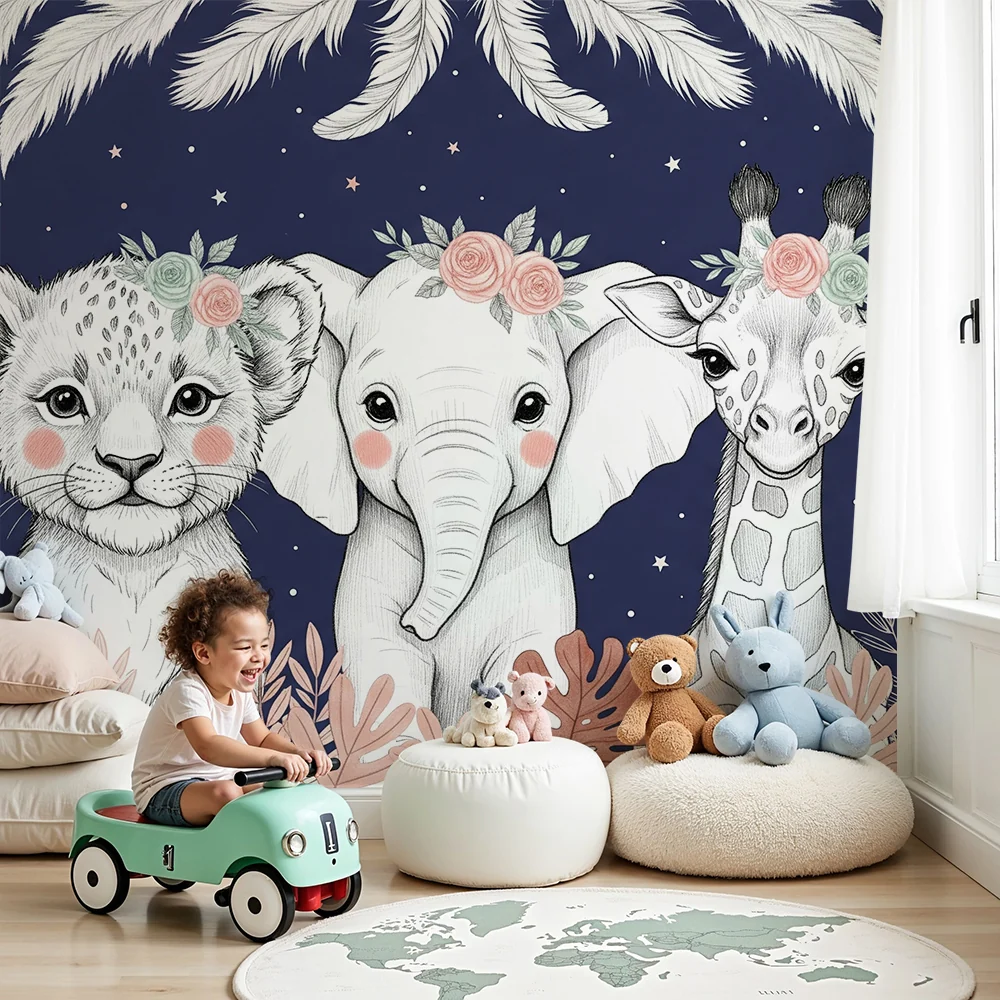 Papel de parede quarto bebê | Aranyos állatok csillagok alatt