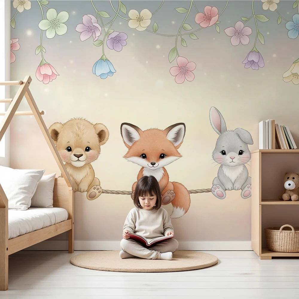 Papel de parede quarto bebê | Aranyos állatok egy kötélen virágokkal