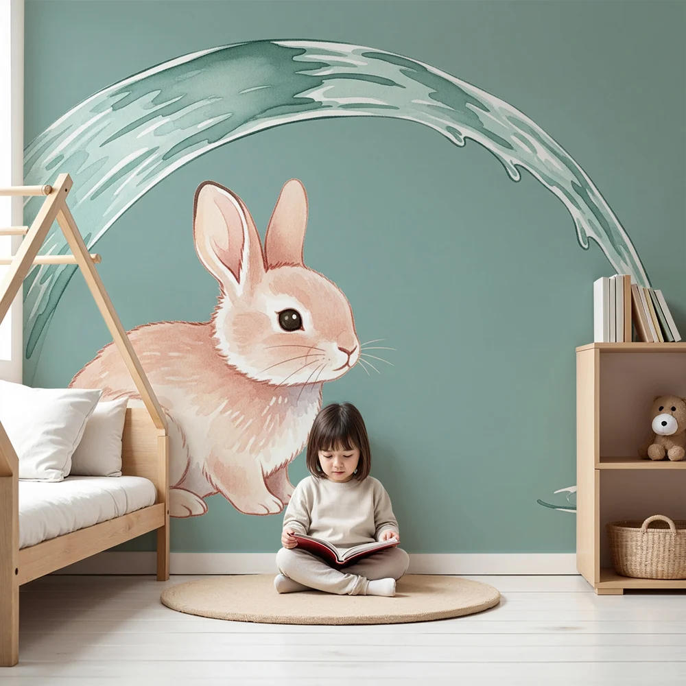 Papel de parede quarto bebê | Aranyos nyúl és vízcseppek