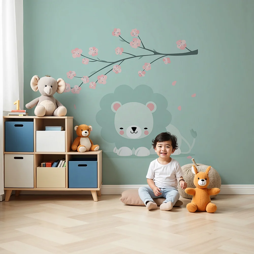 Papel de parede quarto bebê | Aranyos oroszlán virágzó cseresznyefa ág alatt