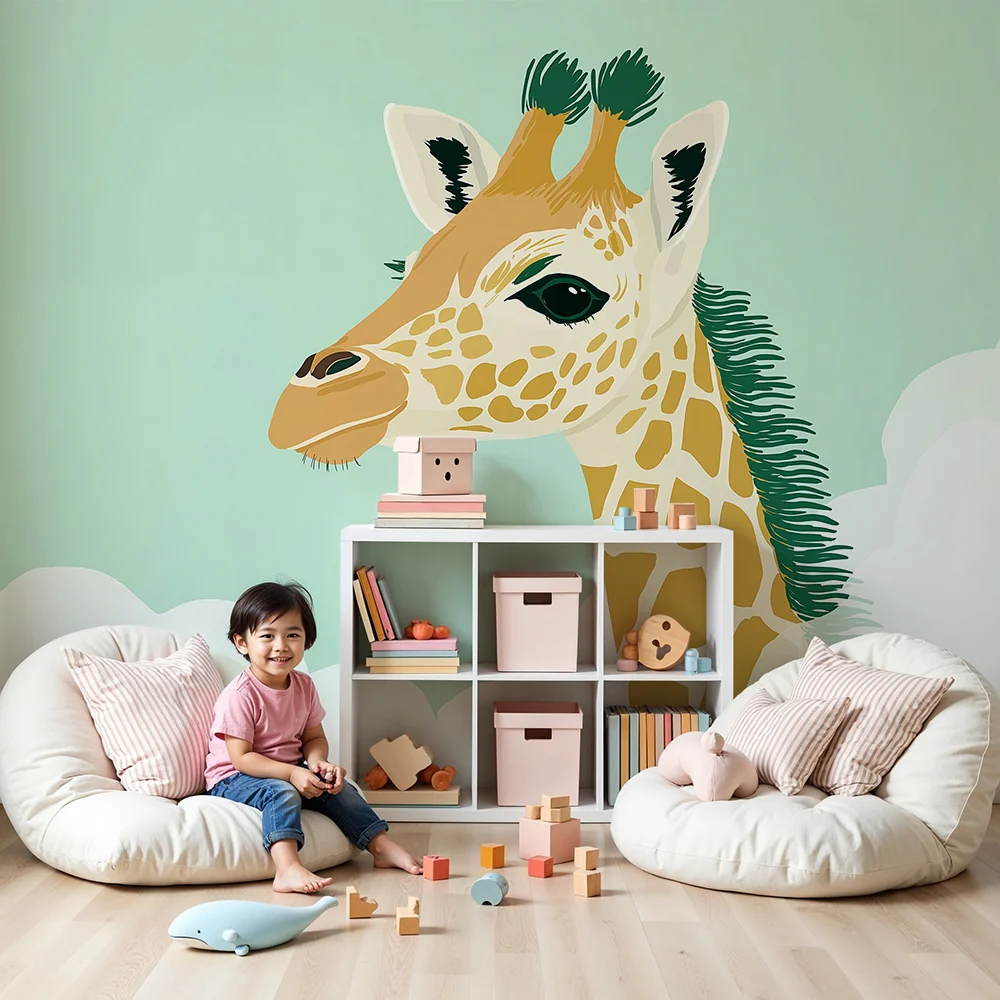 Papel de parede quarto bebê | Aranyos zsiráf felhők között