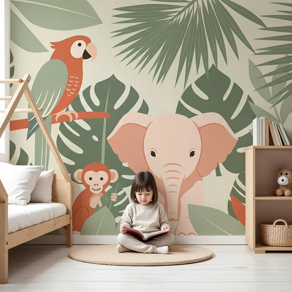 Papel de parede quarto bebê | Elefánt, majom és papagáj egy színes dzsungelben