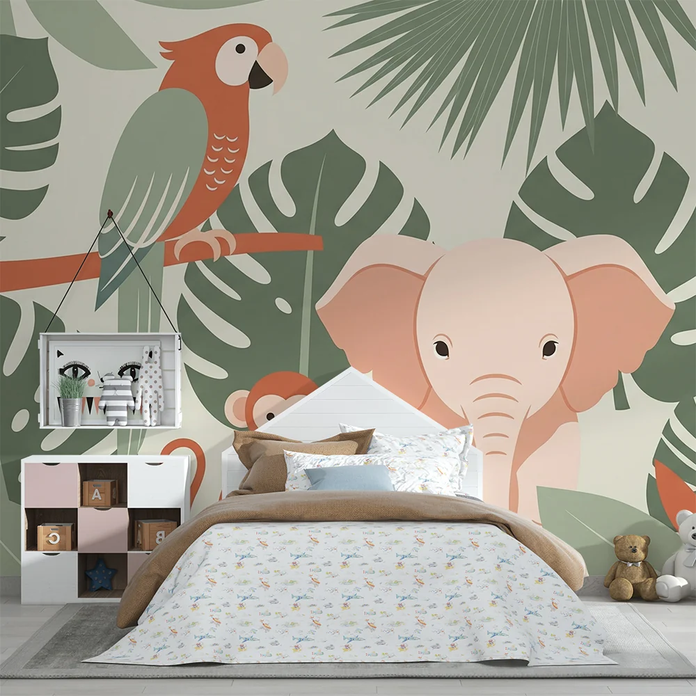 Papel de parede quarto bebê | Elefánt, majom és papagáj egy színes dzsungelben
