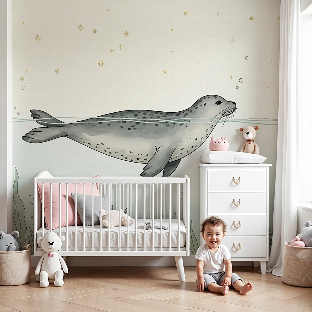 Papel de parede quarto bebê | Fóka úszik hínárok között csillagos égen