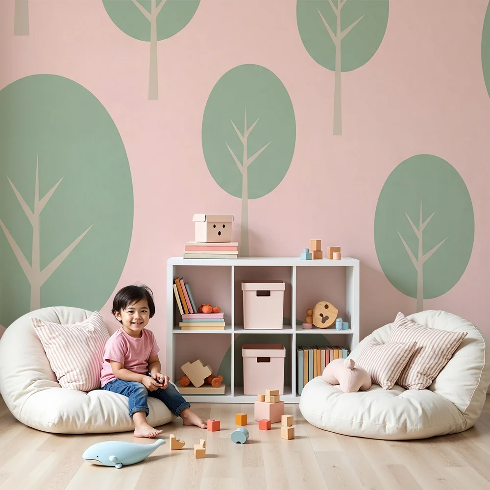 Papel de parede quarto bebê | Gyengéd erdő rózsaszín háttérrel