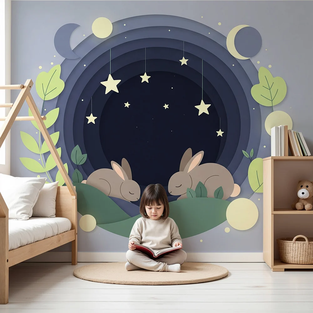 Papel de parede quarto bebê | Gyengéd éjszakák nyuszikkal csillagok alatt