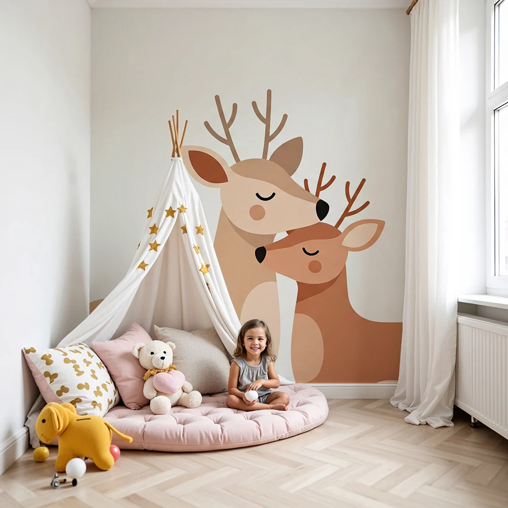 Papel de parede quarto bebê | Gyengéd szarvasok és puha ölelések nyugtató dekorációban